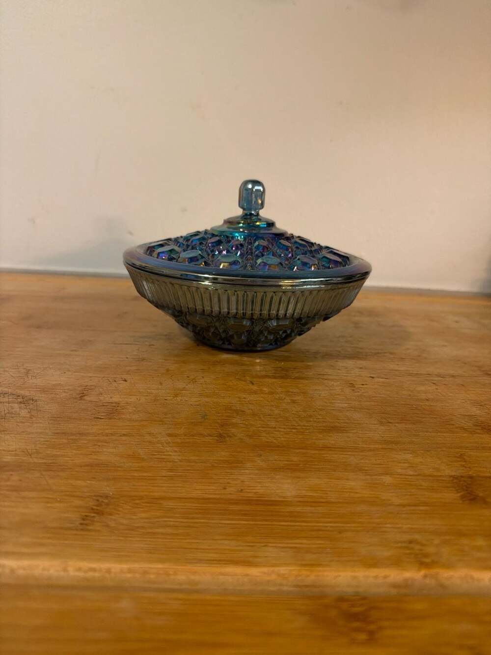 Federal Glass “WINDSOR BUTTON & CANE' Blue Carnival Candy Dish With Lid. Iridesc